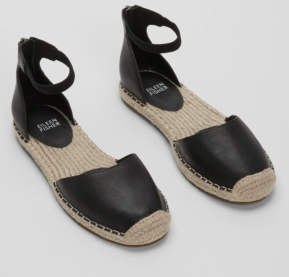 Eileen Fisher Lala Tumbled Leather Espadrille Flats Black 8 Minimalist Capsule
